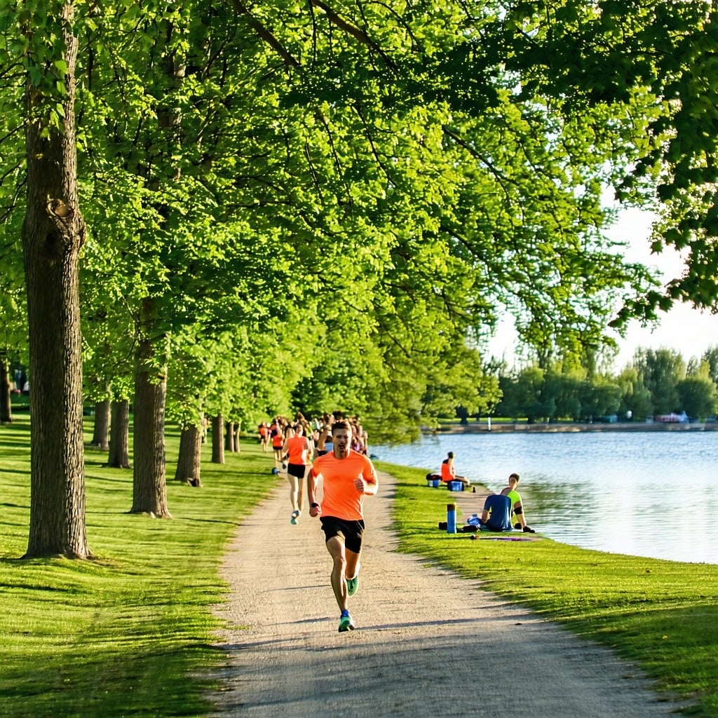 The image captures a serene running path winding through a lush Milwaukee park framed by towering trees with vibrant green leaves A lone runner dressed in bright athletic gear strides confidently along the trail showcasing a focused expression The gr-1